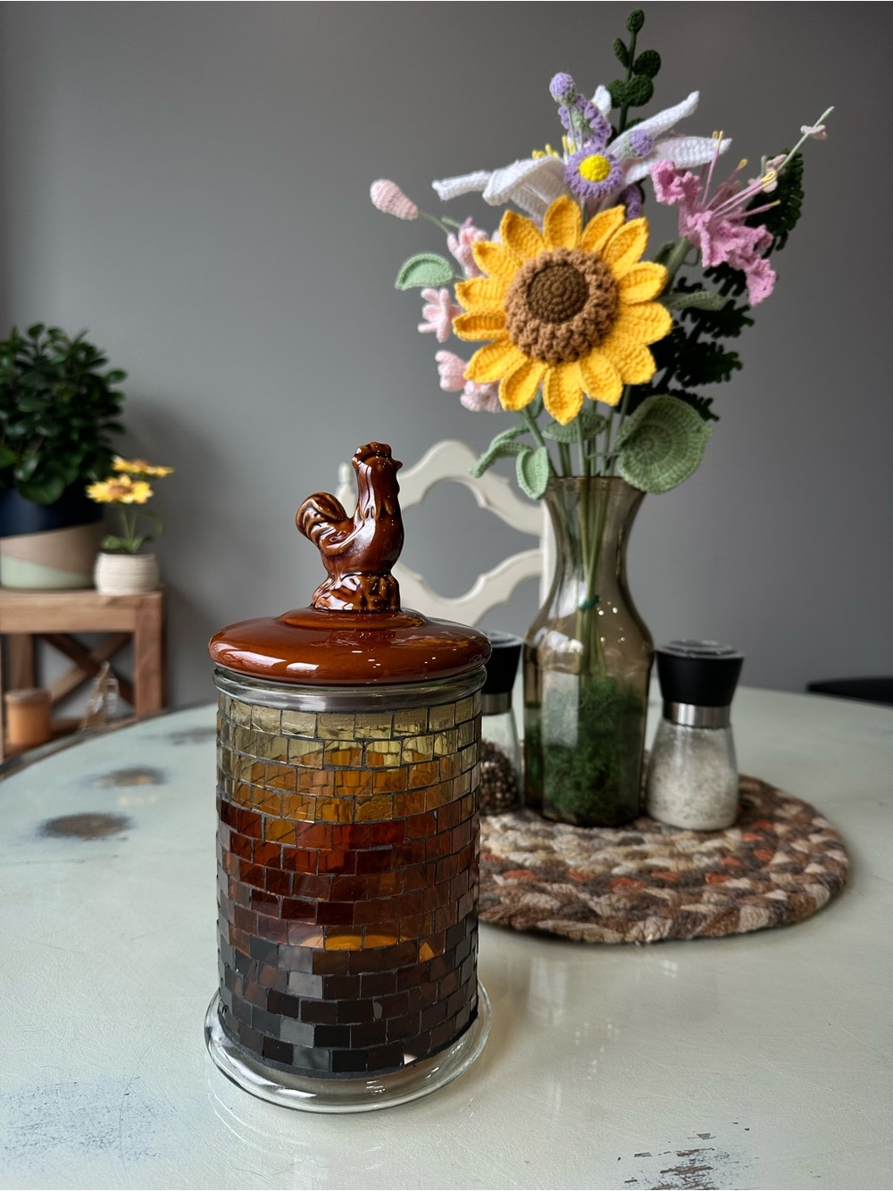 Vintage Artisan Mosaic Glass Canister with Rooster Lid - Brown